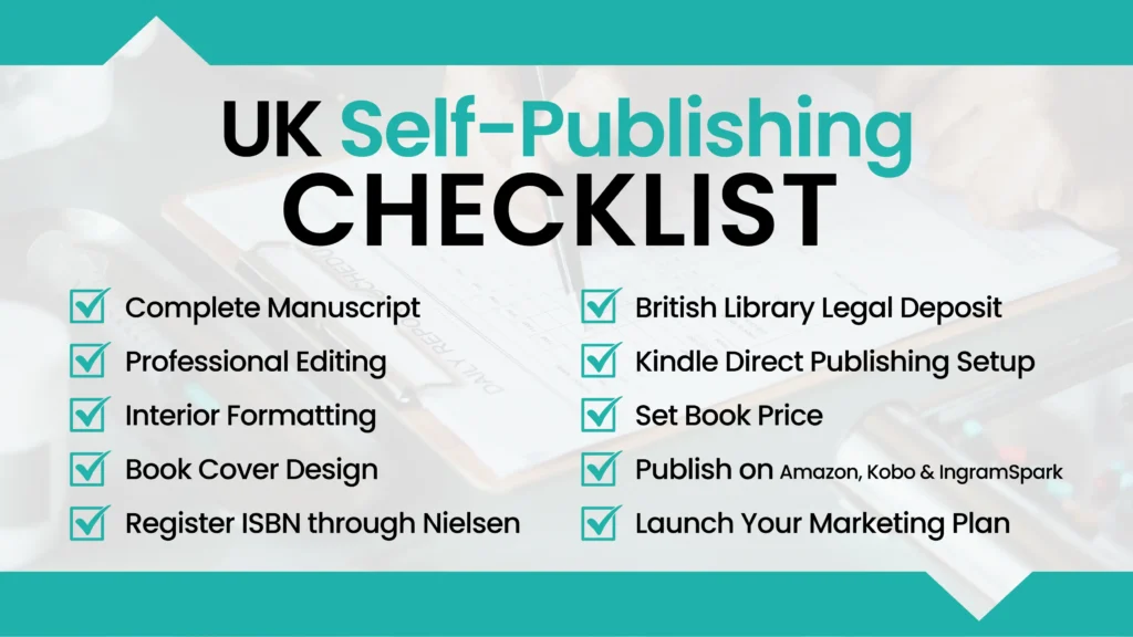 UK self publishing checklist including editing, ISBN registration, Kindle Direct Publishing, legal deposit and book marketing
